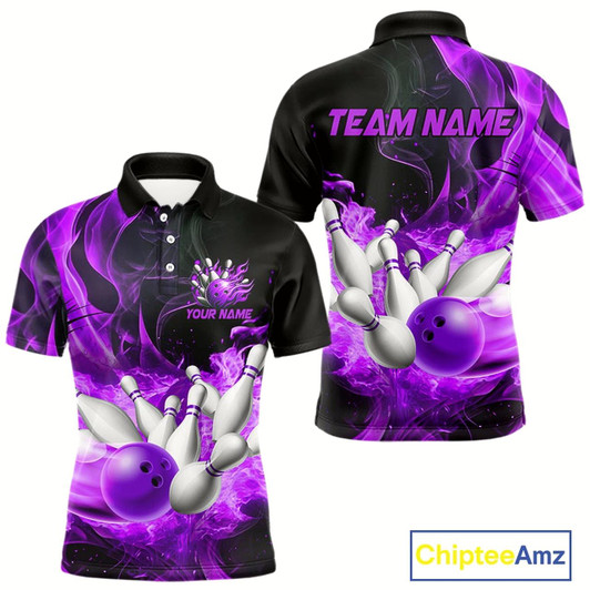 Goofygear Black And Purple Flame Custom Bowling Shirts For Men, Flame Bowling League Shirts Outfits