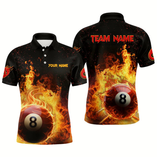 Goofygear Personalized Fire 8 Ball Pool Black Billiard 3D Polo Shirts For Men, Custom Billiard Team Shirts