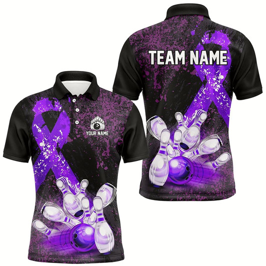 Goofygear Personalized Purple Ribbons Grunge Bowling Shirts For Men, Custom Breast Cancer Bowling Team Shirts