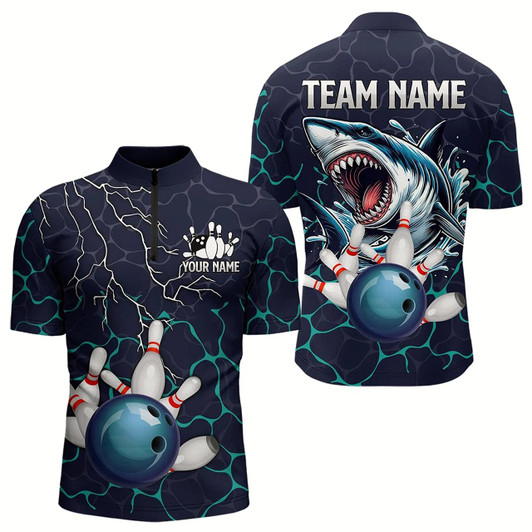Goofygear Blue Shark Camo Lightning Thunder Bowling Shirts For Men Custom Bowling Team Shirts, Gift For Bowler