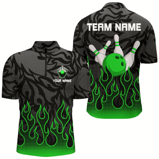 Goofygear Green Flame Fire Mens Bowling Shirts Black Camo Bowling Jerseys Personalized Bowling Team Shirts
