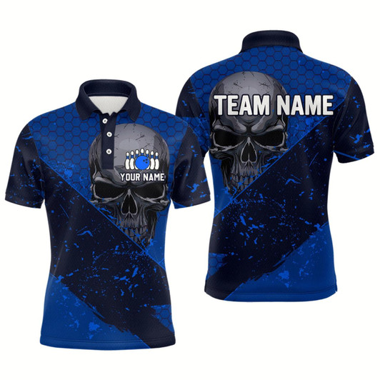 Goofygear Custom Blue Bowling Polo Shirt For Men Skull Bowling Team League