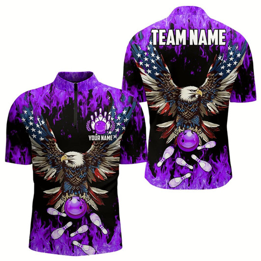 Goofygear Purple Flame Mens Bowling Shirts Custom American Flag Eagle Team Bowling Shirts, Gift For Bowlers Style 2
