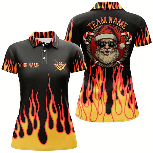 Goofygear Funny Christmas Santa With Flame Custom Billiard Shirts, 8 Ball Pool Ladies Christmas Polo Shirts