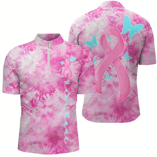 Goofygear Pink Tie Dye Camo Pink Ribbon And Butterfly Custom Breast Cancer Awareness Polo Shirts For Men