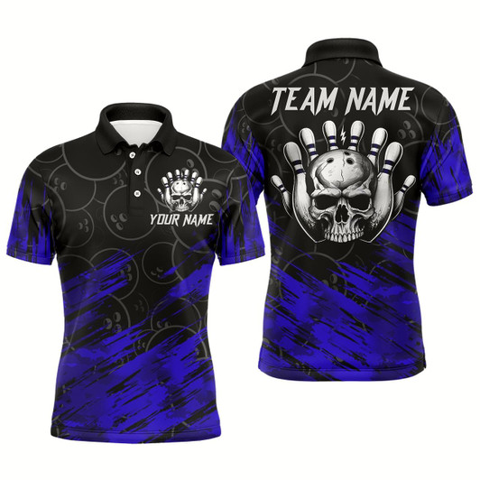 Goofygear Blue Skull Bowling Polo Shirt For Men & Custom Funny Bowling Team Jersey