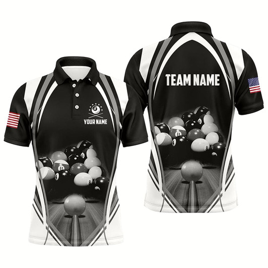 Goofygear Personalized Billiard Balls Us Flag Black Polo Shirts For Men, Custom 8 Ball Billiard 3D Jerseys