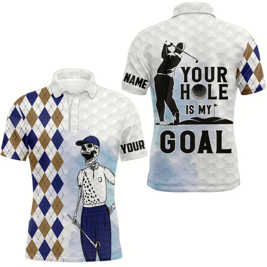 Goofygear Your Hole Is My Goal Argyle Pattern Skull Golf Shirts Scary Golf Tops For Men Golf Gifts
