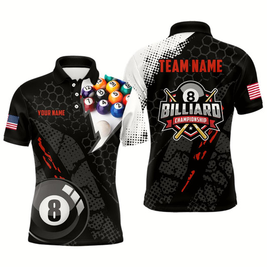 Goofygear Personalized 3D Billiard Balls Black Polo Shirts For Men, Custom Us Flag 8 Ball Billiard Jerseys