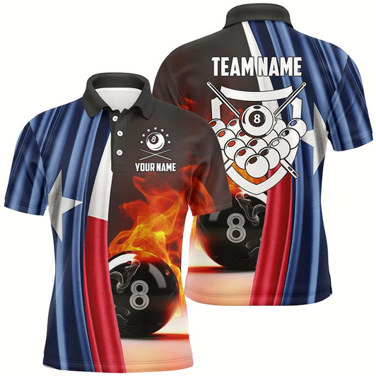 Goofygear Personalized Fire 8 Ball Pool Billiard 3D Polo Shirts For Men, Custom Texas Flag Billiards Jerseys