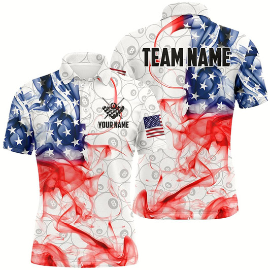 Goofygear Personalized Vintage Smoke Us Flag Billiard 3D Polo Shirts For Men, White 8 Ball Pool Team Jerseys Style 1