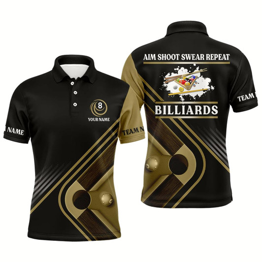 Goofygear Billiards Aim Shoot Swear Repeat Custom Name Billiard Polo Shirts For Men, Mens Billiard Jerseys