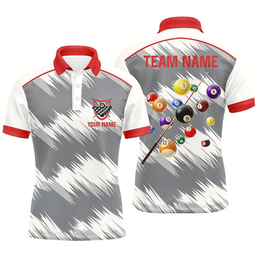 Goofygear Personalized Red Grey Billiard Balls 3D Polo Shirts For Men, Custom 8 Ball Billiard Team Jerseys