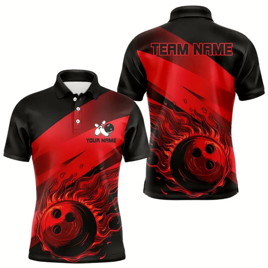 Goofygear Black And Red Flame Bowling Shirts For Men Custom Flame Team Bowling Jerseys