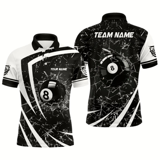 Goofygear Personalized White Black Glass Break 8 Ball Billiard 3D Polo Shirts For Men 8 Ball Pool Jerseys