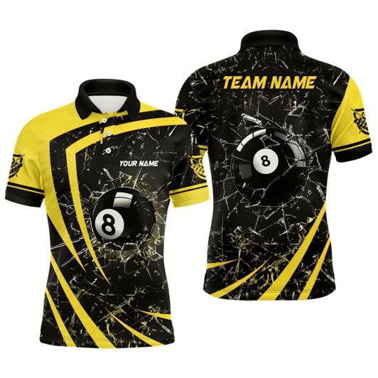 Goofygear Personalized Yellow Glass Break 8 Ball Billiard 3D Polo Shirts For Men, Custom 8 Ball Pool Jerseys