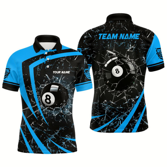 Goofygear Personalized Blue Glass Break 8 Ball Billiard 3D Polo Shirts For Men, Custom 8 Ball Pool Jerseys