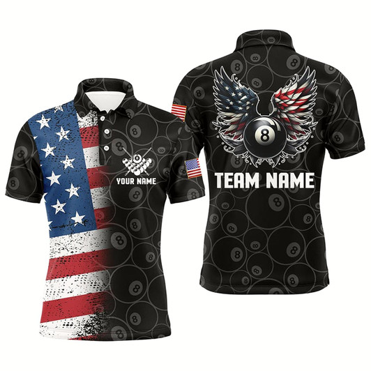 Goofygear Personalized Us Flag 8 Ball Billiard 3D Polo Shirts For Men, Funny Billiard 8 Ball Wings Jerseys Style 6