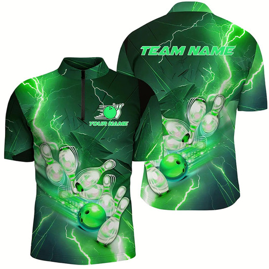 Goofygear Lightning Strike Custom Green Bowling Polo Shirts, Bowling Team Jerseys For Men