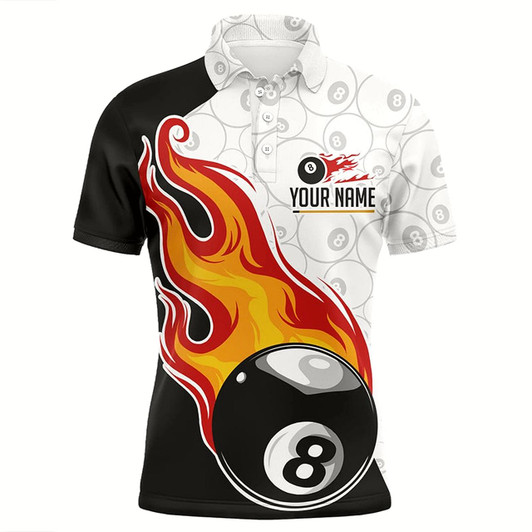 Goofygear Personalized Billiard 8 Ball Fire Flame Polo Shirts For Men, Custom 8 Ball Pattern Billiard Shirts