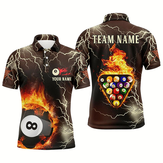Goofygear Personalized Fire Flame Lightning Billiard Balls 3D Polo Shirts For Men, Custom 8 Ball Pool Shirts
