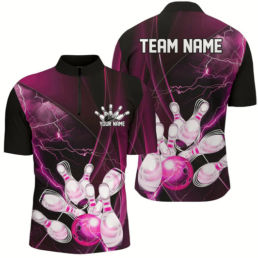 Goofygear Pink Thunder Lightning Custom Bowling Shirts For Men, Bowling Uniform Bowling League Shirt Style 1