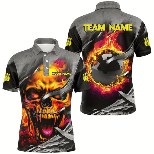Goofygear Flame Skull Bowling Shirts For Men Custom Halloween Bowling Team Jerseys, Bowling Gifts For Him