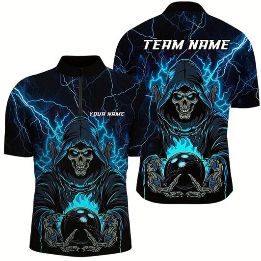 Goofygear Black And Blue Lightning Custom Skull Bowling Shirts For Men, Halloween Bowling Shirts