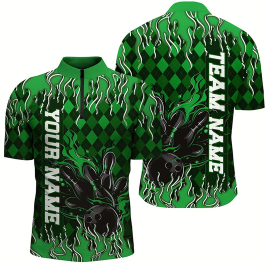 Goofygear Green Argyle Pattern Custom Flame Strike Bowling Shirts For Men, Bowling Team Shirt Outfit