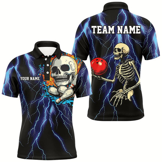 Goofygear Blue Lightning Thunder Storm Skull Flame Bowling Shirts For Men Custom Bowling Team Bowler Jerseys