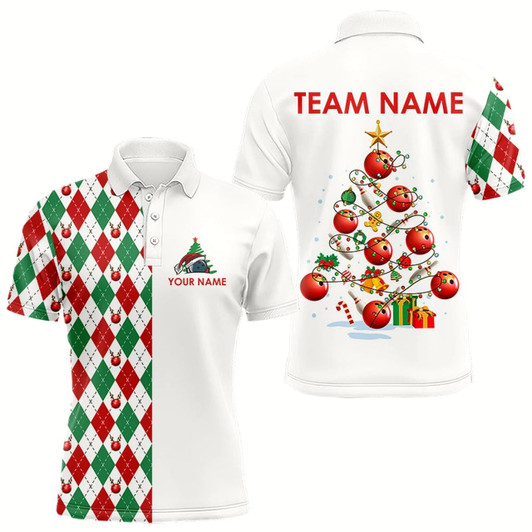 Goofygear Christmas Tree Bowling Shirts For Men Custom Red, White, Green Argyle Pattern Bowling Team Jerseys