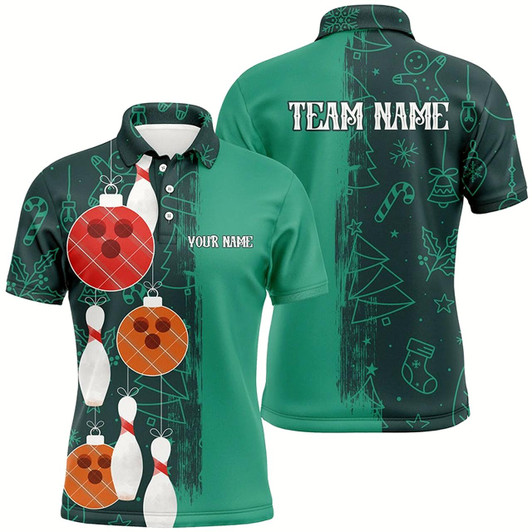 Goofygear Green Christmas Pattern Bowling Ball Pins Custom Bowling Shirts For Men Team League Jerseys Outfits Style 1