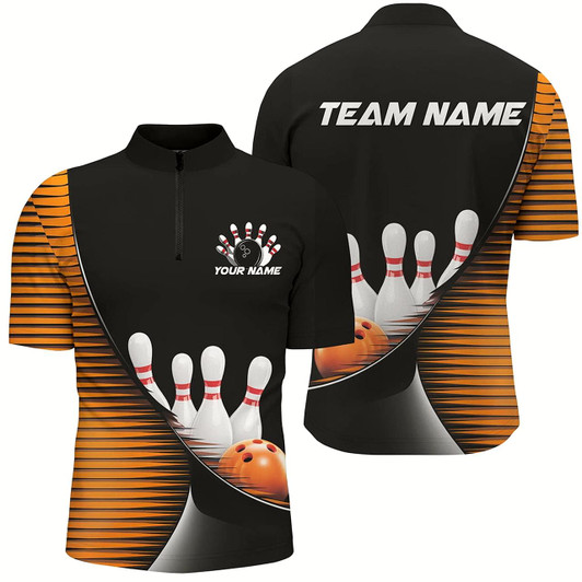 Goofygear Black And Orange Custom Bowling Team Shirts For Men, Bowling League Shirt Bowler Outfit