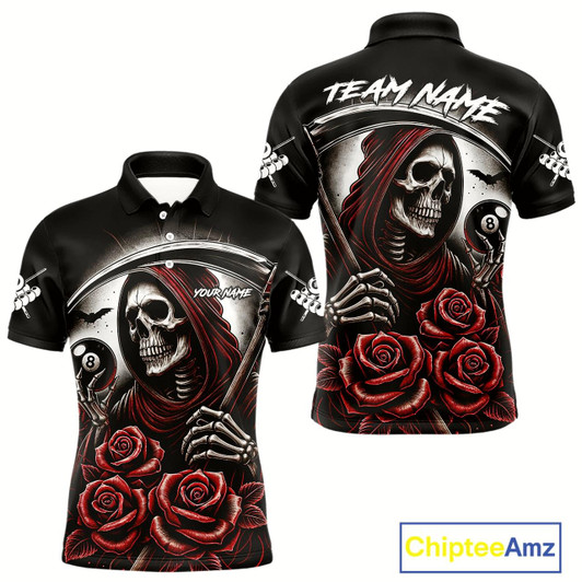 Goofygear Death Skeleton 8 Ball Pool Roses Billiard Shirt For Men Custom Funny Pool Team Shirt Design Red