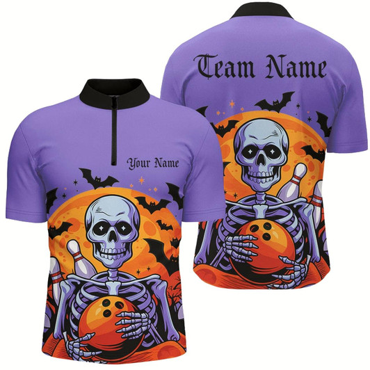 Goofygear Purple Custom Halloween Bowling Shirts For Men, Skull Bowling Team Shirt Halloween Outfit