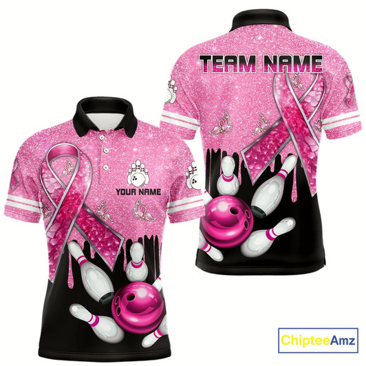Goofygear Black And Pink Ribbon Glitter Bowling Shirts For Men Custom Breast Cancer Team Bowling Jerseys