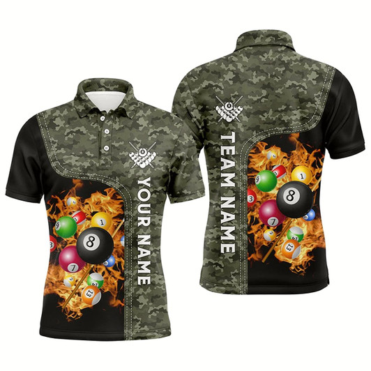 Goofygear Personalized Fire Pool Balls Billiard Polo Shirts For Men, Custom 3D Billiard Camouflage Jerseys