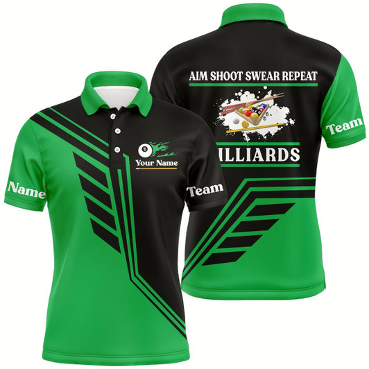 Goofygear Personalized Aim Shoot Swear Repeat Billiard Polo Shirts For Men, Green Black Billiard Jerseys