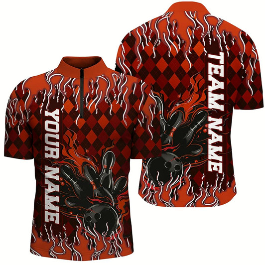 Goofygear Orange Argyle Pattern Custom Flame Strike Bowling Shirts For Men, Bowling Team Shirt Outfit