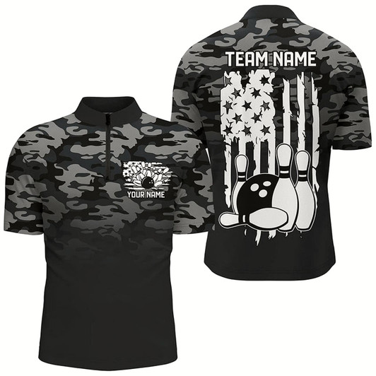 Goofygear Gray Camo Custom Patriotic Bowling Team Shirts For Men, American Flag Bowling League Shirt