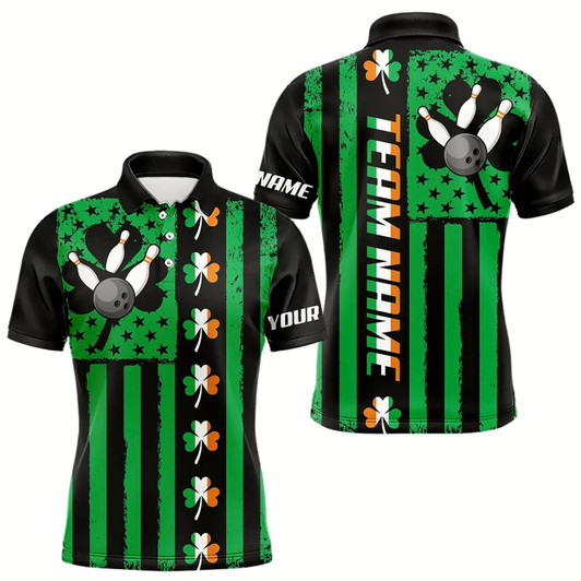 Goofygear Black And Green American Flag Irish Men Bowling Shirts Custom St Patrick Day Bowling Team Jersey Style 2