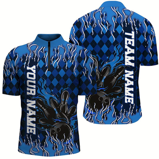 Goofygear Blue Argyle Pattern Custom Flame Strike Bowling Shirts For Men, Bowling Team Shirt Bowler Outfit