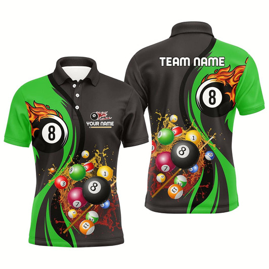 Goofygear Personalized Customized Fire And Water 8 Ball Pool Billiard Balls Green Polo Shirts For Men