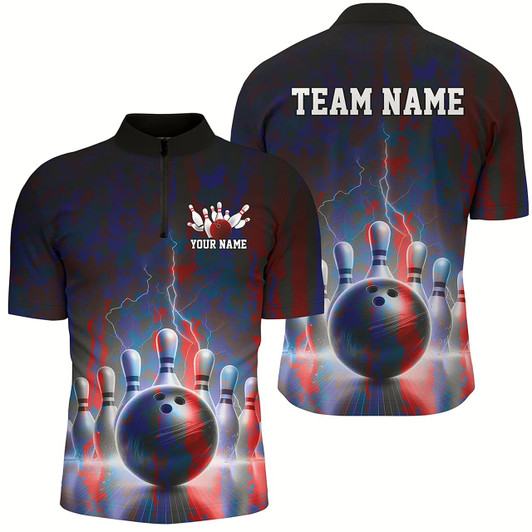 Goofygear Electric Blue And Red Thunder Lightning Bowling Shirts For Men, Stormy Night Bowling Team Shirt