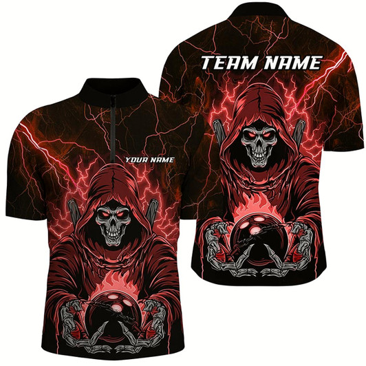 Goofygear Black And Red Lightning Custom Skull Bowling Shirts For Men, Halloween Bowling Shirts Style 2