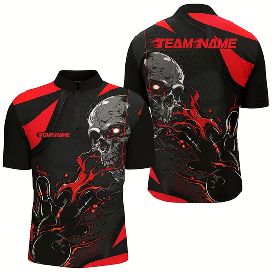 Goofygear Custom Black And Red Flame Bowling Shirts For Men, Halloween Skull Bowling Shirts Outfits