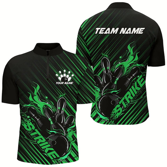 Goofygear Custom Black And Green Flame Bowling Shirts For Men, Strike Bowling Team Shirts Outfit Bowling