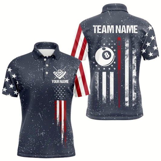 Goofygear Grunge Navy American Flag 8 Ball Billiard Shirt For Men Custom Patriotic Billiard Shirt Pool Jersey