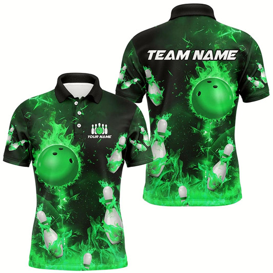Goofygear Green Flame Bowling Shirts Men & Custom Bowling Team Jersey Polo Bowling Uniform