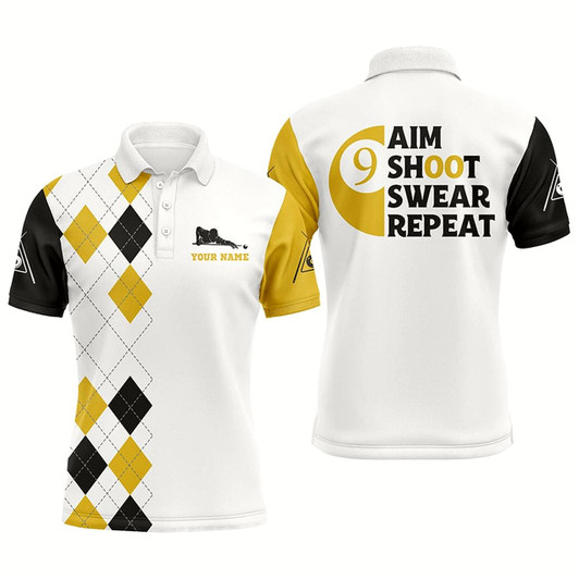 Goofygear Personalized Customized Aim Shoot Swear Repeat 9 Ball Pool Yellow Billiard Polo Shirts For Men